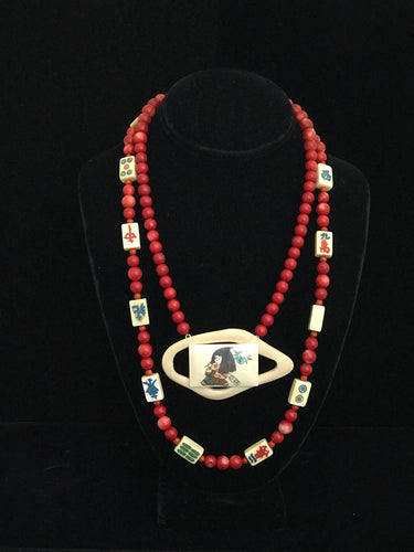 Coral Beads With Maj Jong Tiles & Hand Painted Gambling Chip Necklace