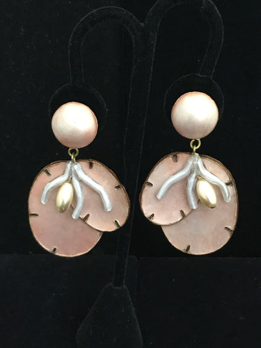 French Resin Dangling Coral and Pearl Earrings